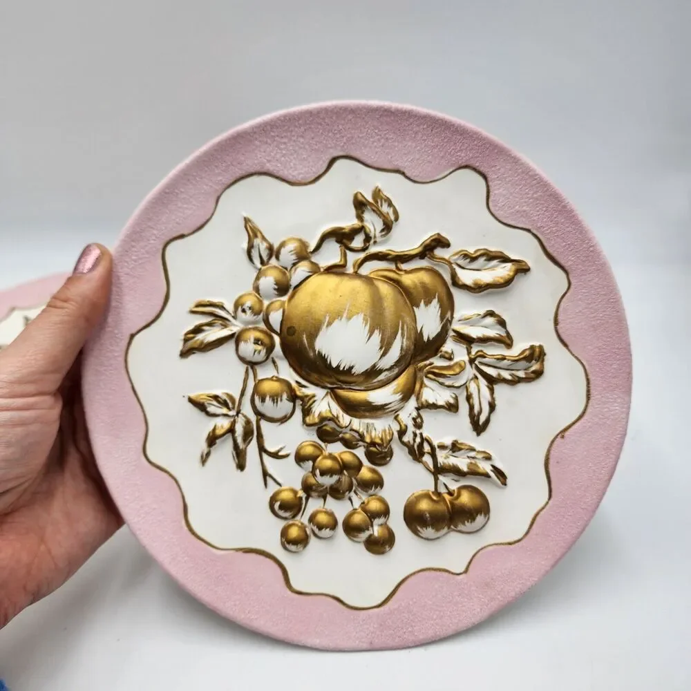 Vintage Set Of 2 Japan Hanging Wall Plates With Pink Gold Dimensional Fruit